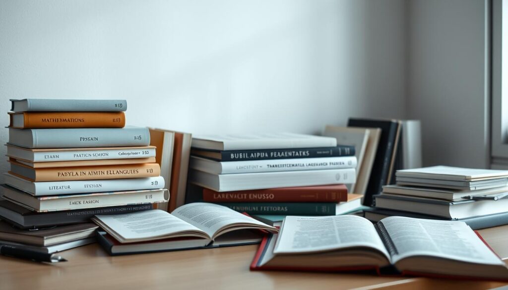 A tranquil academic setting, featuring a collection of textbooks and study materials arranged on a well-organized desk. The subjects covered include mathematics, physics, literature, and foreign languages - the core focus of the Polish secondary school curriculum and mandatory for the matura exam. Soft, diffused lighting creates a contemplative atmosphere, inviting the viewer to imagine the diligent preparation and dedication required to excel in these essential academic disciplines. The overall composition conveys a sense of focused determination and the pursuit of knowledge, crucial for securing admission to prestigious architecture and interior design programs. A tranquil academic setting, featuring a collection of textbooks and study materials arranged on a well-organized desk. The subjects covered include mathematics, physics, literature, and foreign languages - the core focus of the Polish secondary school curriculum and mandatory for the matura exam. Soft, diffused lighting creates a contemplative atmosphere, inviting the viewer to imagine the diligent preparation and dedication required to excel in these essential academic disciplines. The overall composition conveys a sense of focused determination and the pursuit of knowledge, crucial for securing admission to prestigious architecture and interior design programs.