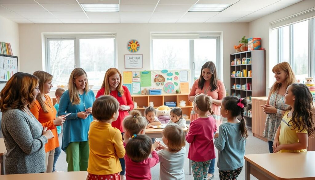 A cheerful, well-lit classroom scene with a group of attentive preschool teachers in the foreground, dressed in colorful, comfortable attire. The teachers are engaged in lively discussions, demonstrating educational activities or interacting with young students. In the middle ground, displays of children's artwork, educational resources, and a cozy reading nook create a nurturing, stimulating environment. The background features large windows allowing natural light to flood the space, conveying a sense of openness and positivity. The overall atmosphere is one of warmth, professionalism, and dedication to the education and well-being of young children.
