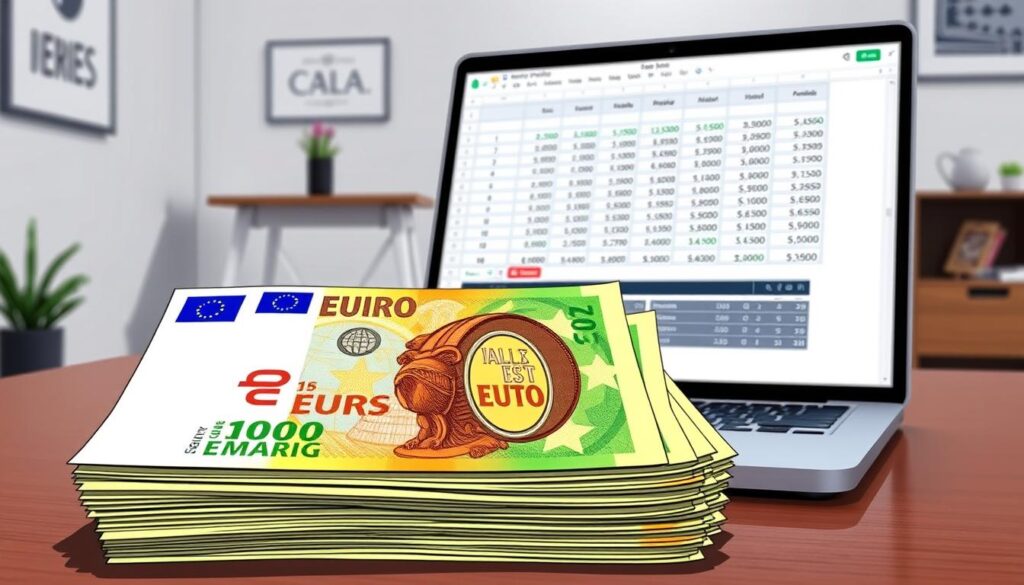 A close-up, detailed illustration depicting the salary and compensation of a corporate team leader. The foreground shows a stack of Euro banknotes, crisp and well-lit, symbolizing the financial rewards of the role. In the middle ground, a laptop screen displays a spreadsheet with numerical data, representing the meticulous tracking and analysis of team leader earnings. The background features a minimalist office setting, with a stylized desk, chair, and subtle wall decor, conveying a professional, corporate atmosphere. The overall mood is one of precision, clarity, and the tangible value that a capable team leader brings to an organization. A close-up, detailed illustration depicting the salary and compensation of a corporate team leader. The foreground shows a stack of Euro banknotes, crisp and well-lit, symbolizing the financial rewards of the role. In the middle ground, a laptop screen displays a spreadsheet with numerical data, representing the meticulous tracking and analysis of team leader earnings. The background features a minimalist office setting, with a stylized desk, chair, and subtle wall decor, conveying a professional, corporate atmosphere. The overall mood is one of precision, clarity, and the tangible value that a capable team leader brings to an organization.