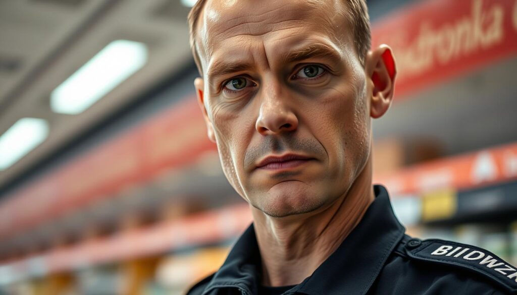 A close-up portrait of a security guard in a Biedronka supermarket, dressed in a dark uniform with a logo patch. He stands vigilantly, his gaze intense and focused, conveying a sense of diligence and professionalism. The lighting is soft and flattering, emphasizing the texture of his face and the details of his uniform. The background is blurred, drawing the viewer's attention to the security guard's central role and the importance of his job in maintaining order and safety within the store.