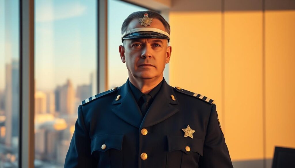 A close-up portrait of a serious-looking police commissioner standing in a well-lit, modern office. The commissioner is wearing a crisp, navy blue uniform with brass buttons and epaulets, conveying a sense of authority and professionalism. The background features a large, floor-to-ceiling window overlooking a bustling city skyline, bathed in warm, golden light. The scene exudes a sense of quiet power and command, reflecting the commissioner's high-ranking position and the responsibilities that come with it. A close-up portrait of a serious-looking police commissioner standing in a well-lit, modern office. The commissioner is wearing a crisp, navy blue uniform with brass buttons and epaulets, conveying a sense of authority and professionalism. The background features a large, floor-to-ceiling window overlooking a bustling city skyline, bathed in warm, golden light. The scene exudes a sense of quiet power and command, reflecting the commissioner's high-ranking position and the responsibilities that come with it.