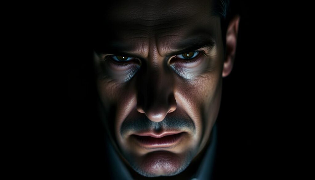 A dark and moody close-up portrait of a serious-looking criminal psychologist. The subject's piercing gaze and furrowed brow convey deep focus and analytical intensity. Subtle lighting from the side casts dramatic shadows, emphasizing the subject's sharp features and intense expression. The background is blurred, keeping the attention on the psychologist's face and upper torso. The image exudes an air of professionalism, expertise, and keen psychological insight required for this demanding field. A dark and moody close-up portrait of a serious-looking criminal psychologist. The subject's piercing gaze and furrowed brow convey deep focus and analytical intensity. Subtle lighting from the side casts dramatic shadows, emphasizing the subject's sharp features and intense expression. The background is blurred, keeping the attention on the psychologist's face and upper torso. The image exudes an air of professionalism, expertise, and keen psychological insight required for this demanding field.