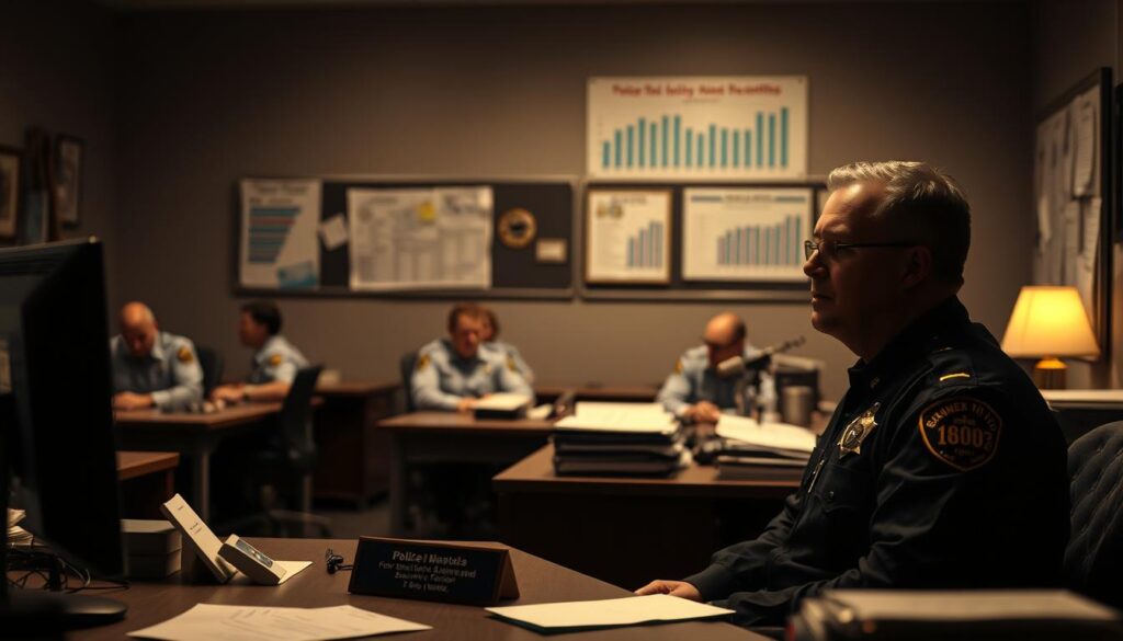 A dimly lit office setting, with a police officer's desk in the foreground. On the desk, a nameplate, a computer, and various office supplies. In the middle ground, rows of desks occupied by other police officers, their uniforms visible. The background features a bulletin board with charts and graphs, hinting at data related to police salaries and benefits. Soft, warm lighting casts a professional, authoritative atmosphere. The composition conveys a sense of a typical police station, focused on the financial aspects of the officers' work. A dimly lit office setting, with a police officer's desk in the foreground. On the desk, a nameplate, a computer, and various office supplies. In the middle ground, rows of desks occupied by other police officers, their uniforms visible. The background features a bulletin board with charts and graphs, hinting at data related to police salaries and benefits. Soft, warm lighting casts a professional, authoritative atmosphere. The composition conveys a sense of a typical police station, focused on the financial aspects of the officers' work.