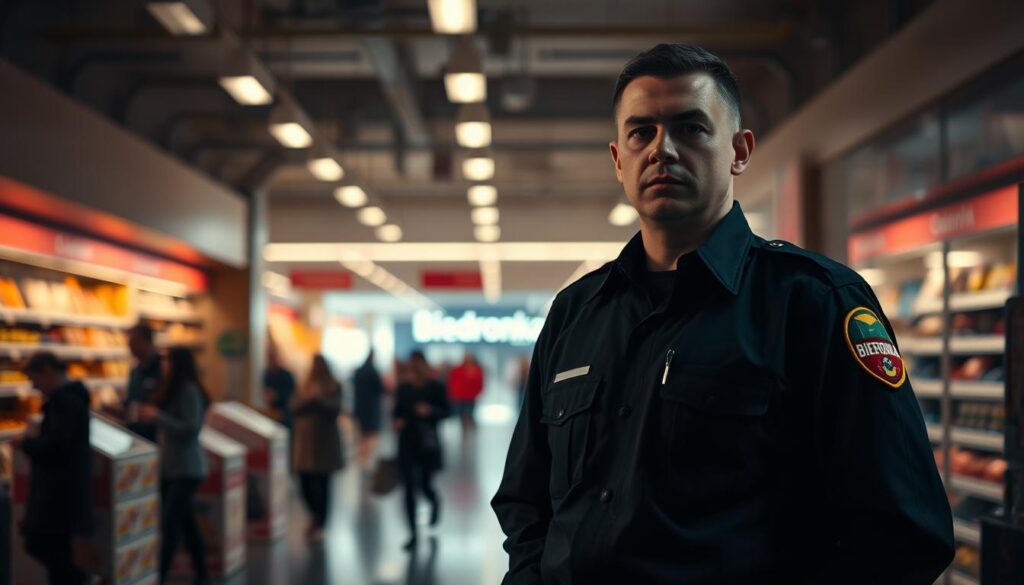 A security guard in a Biedronka supermarket stands vigilantly at the entrance, maintaining a watchful eye over the bustling scene. The dimly lit interior casts long shadows, creating an air of seriousness and professionalism. The guard's uniform is crisp and well-pressed, their posture erect, conveying a sense of authority and responsibility. In the background, shoppers move purposefully through the aisles, their activity captured in a hazy, out-of-focus manner, emphasizing the guard's central role in the scene. The lighting is a mix of warm, fluorescent tones and cool, natural daylight filtering in from outside, lending a sense of depth and atmosphere to the image. The overall mood is one of diligence, security, and the crucial role that these guards play in maintaining the smooth operation of the supermarket.
