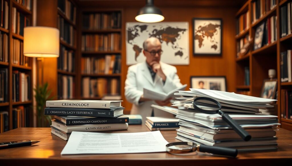 A serene academic setting, with a bookshelf-lined study illuminated by warm, diffused lighting. In the foreground, a wooden desk showcases a stack of criminology textbooks, a laptop, and a magnifying glass, hinting at the meticulous nature of the discipline. The middle ground features a professor, thoughtfully examining case files, their face partially obscured, conveying the intellectual rigor required. In the background, a world map and framed forensic evidence suggest the global reach and multifaceted aspects of criminology. The overall atmosphere is one of focused contemplation, reflecting the depth and significance of this field of study. A serene academic setting, with a bookshelf-lined study illuminated by warm, diffused lighting. In the foreground, a wooden desk showcases a stack of criminology textbooks, a laptop, and a magnifying glass, hinting at the meticulous nature of the discipline. The middle ground features a professor, thoughtfully examining case files, their face partially obscured, conveying the intellectual rigor required. In the background, a world map and framed forensic evidence suggest the global reach and multifaceted aspects of criminology. The overall atmosphere is one of focused contemplation, reflecting the depth and significance of this field of study.