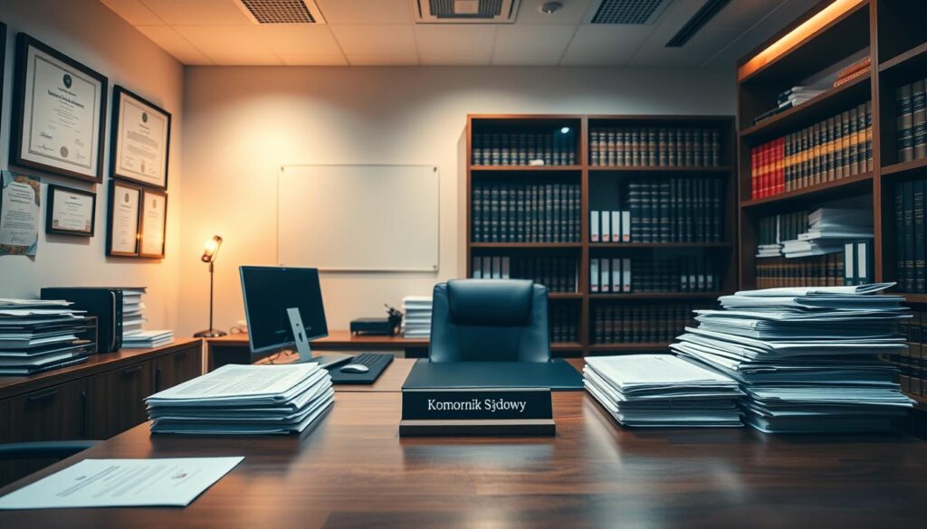 A sleek, modern office interior with a large wooden desk, a desktop computer, and stacks of organized documents and files. The lighting is warm and subdued, creating a professional atmosphere. On the desk, a nameplate reads "Komornik Sądowy" (Court Bailiff), hinting at the nature of the business. The walls are adorned with framed legal certificates and diplomas, while a bookshelf in the background contains volumes of legal codes and reference materials. The overall impression is one of efficiency, attention to detail, and a commitment to providing professional services. A sleek, modern office interior with a large wooden desk, a desktop computer, and stacks of organized documents and files. The lighting is warm and subdued, creating a professional atmosphere. On the desk, a nameplate reads "Komornik Sądowy" (Court Bailiff), hinting at the nature of the business. The walls are adorned with framed legal certificates and diplomas, while a bookshelf in the background contains volumes of legal codes and reference materials. The overall impression is one of efficiency, attention to detail, and a commitment to providing professional services.