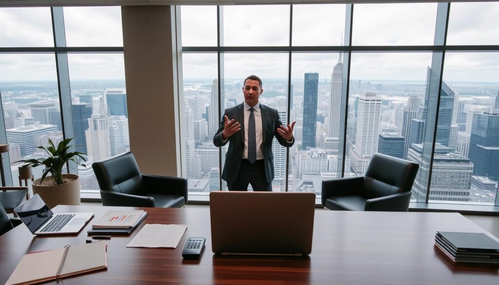 A stylish, modern office setting with a large desk in the foreground, neatly organized with a laptop, documents, and a calculator. In the middle ground, a well-dressed broker stands, gesturing with their hands as they discuss factors influencing their compensation, such as trading volume, client portfolio size, and market performance. The background features a panoramic view of a bustling financial district, with skyscrapers and the hustle and bustle of the city. The overall atmosphere conveys a sense of professionalism, expertise, and the high-stakes nature of the brokerage industry. A stylish, modern office setting with a large desk in the foreground, neatly organized with a laptop, documents, and a calculator. In the middle ground, a well-dressed broker stands, gesturing with their hands as they discuss factors influencing their compensation, such as trading volume, client portfolio size, and market performance. The background features a panoramic view of a bustling financial district, with skyscrapers and the hustle and bustle of the city. The overall atmosphere conveys a sense of professionalism, expertise, and the high-stakes nature of the brokerage industry.