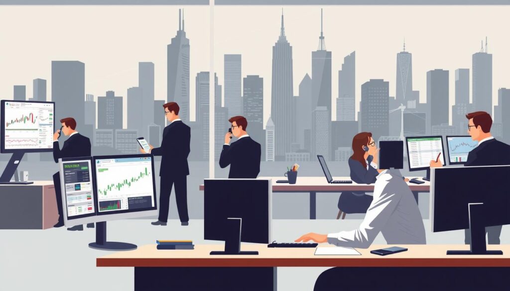 A stylized, realistic illustration of a stockbroker's workday. In the foreground, a financial analyst sits at a desk, intently studying stock charts and financial reports on multiple computer screens. Elegant yet functional office furniture and a minimalist aesthetic create an atmosphere of professionalism. The middle ground features a team of brokers communicating with clients via telephone, laptops, and trading terminals, their expressions focused and determined. In the background, the cityscape of a bustling financial district forms an urban backdrop, skyscrapers and office towers casting long shadows under dramatic, moody lighting. An air of diligence, expertise, and high-stakes decision-making permeates the scene. A stylized, realistic illustration of a stockbroker's workday. In the foreground, a financial analyst sits at a desk, intently studying stock charts and financial reports on multiple computer screens. Elegant yet functional office furniture and a minimalist aesthetic create an atmosphere of professionalism. The middle ground features a team of brokers communicating with clients via telephone, laptops, and trading terminals, their expressions focused and determined. In the background, the cityscape of a bustling financial district forms an urban backdrop, skyscrapers and office towers casting long shadows under dramatic, moody lighting. An air of diligence, expertise, and high-stakes decision-making permeates the scene.