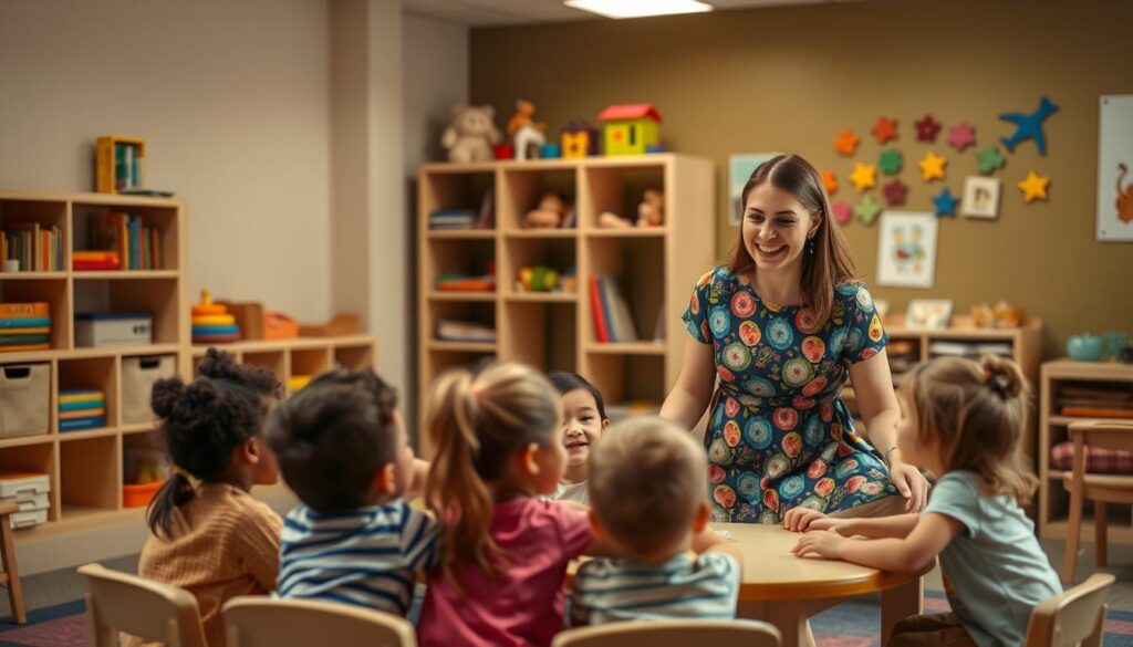 A warm, inviting daycare classroom with soft lighting and a calming atmosphere. In the foreground, a young woman in a colorful dress is enthusiastically engaging a group of children seated around a low table, their faces alight with wonder and joy. Shelves in the middle ground display educational toys and books, while the background showcases colorful wall art and cozy reading nooks. The scene conveys the nurturing, supportive environment of a preschool, where the assistant's role is to foster learning and development through attentive, compassionate care.