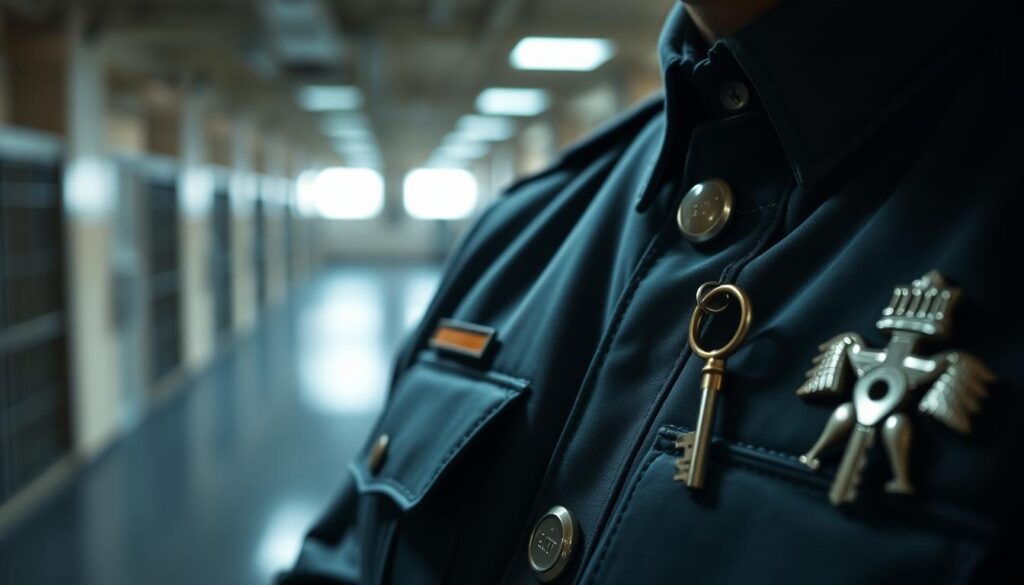 A well-lit close-up of a prison guard's uniform, focused on the keys and insignia that represent their authority and responsibility. The uniform's crisp details and polished buttons suggest a sense of professionalism and discipline. In the background, a blurred view of a cell block or prison yard, hinting at the broader context in which the guard's role is situated. The lighting is soft and directional, creating depth and highlighting the tactile textures of the uniform. The overall mood is one of seriousness and gravitas, befitting the important duties of a prison guard. A well-lit close-up of a prison guard's uniform, focused on the keys and insignia that represent their authority and responsibility. The uniform's crisp details and polished buttons suggest a sense of professionalism and discipline. In the background, a blurred view of a cell block or prison yard, hinting at the broader context in which the guard's role is situated. The lighting is soft and directional, creating depth and highlighting the tactile textures of the uniform. The overall mood is one of seriousness and gravitas, befitting the important duties of a prison guard.