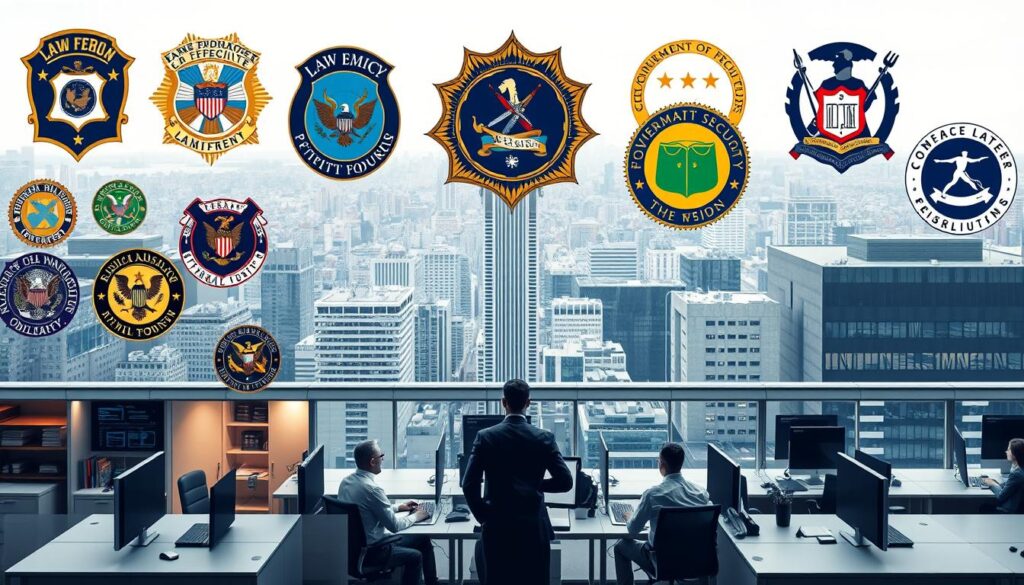A well-lit, high-resolution image depicting a group of various institutions and organizations that employ criminal psychologists. The foreground showcases the logos and signage of prominent law enforcement agencies, forensic labs, and government security departments. The middle ground features the office interiors of these institutions, with desks, computers, and professionals in formal attire working diligently. The background panorama reveals the cityscape, conveying a sense of the urban, high-stakes environment in which these institutions operate. The overall atmosphere is one of professionalism, expertise, and the crucial role that criminal psychologists play within these specialized institutions. A well-lit, high-resolution image depicting a group of various institutions and organizations that employ criminal psychologists. The foreground showcases the logos and signage of prominent law enforcement agencies, forensic labs, and government security departments. The middle ground features the office interiors of these institutions, with desks, computers, and professionals in formal attire working diligently. The background panorama reveals the cityscape, conveying a sense of the urban, high-stakes environment in which these institutions operate. The overall atmosphere is one of professionalism, expertise, and the crucial role that criminal psychologists play within these specialized institutions.