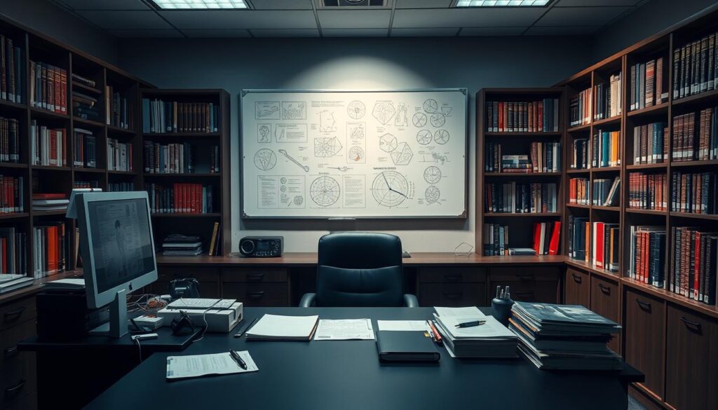 A well-lit, professional office scene with a criminologist's desk and workspace. In the foreground, a desk with a computer, files, and various crime-related paraphernalia. In the middle ground, a wall-mounted whiteboard showcasing crime scene diagrams and analysis. The background features bookshelves filled with criminology textbooks and journals, creating an academic and intellectual atmosphere. Soft, directional lighting casts subtle shadows, highlighting the attention to detail and seriousness of the criminologist's work. The overall impression should convey the expertise, analytical skills, and important role of a criminologist in the field of law enforcement and criminal justice. A well-lit, professional office scene with a criminologist's desk and workspace. In the foreground, a desk with a computer, files, and various crime-related paraphernalia. In the middle ground, a wall-mounted whiteboard showcasing crime scene diagrams and analysis. The background features bookshelves filled with criminology textbooks and journals, creating an academic and intellectual atmosphere. Soft, directional lighting casts subtle shadows, highlighting the attention to detail and seriousness of the criminologist's work. The overall impression should convey the expertise, analytical skills, and important role of a criminologist in the field of law enforcement and criminal justice.