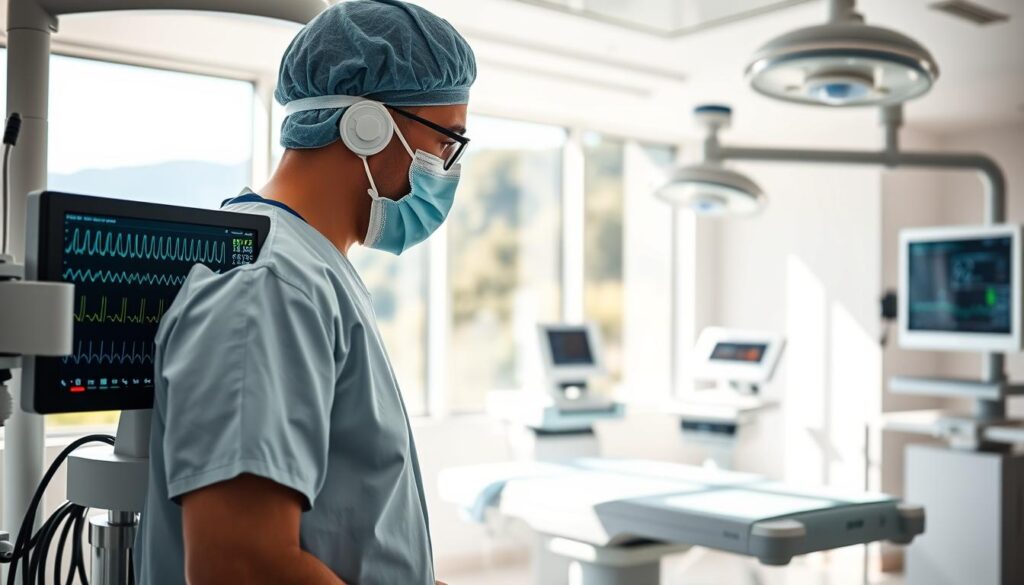 A bright, modern private medical clinic interior, with a well-equipped operating room in the foreground. An anesthesiologist in surgical scrubs and mask, carefully monitoring vital signs on advanced medical equipment. Behind, a view through large windows reveals a lush, scenic landscape. Soft, natural lighting creates a serene, professional atmosphere. The room is meticulously clean, with gleaming stainless steel and pristine white surfaces. A sense of advanced medical technology and high-quality patient care permeates the scene. A bright, modern private medical clinic interior, with a well-equipped operating room in the foreground. An anesthesiologist in surgical scrubs and mask, carefully monitoring vital signs on advanced medical equipment. Behind, a view through large windows reveals a lush, scenic landscape. Soft, natural lighting creates a serene, professional atmosphere. The room is meticulously clean, with gleaming stainless steel and pristine white surfaces. A sense of advanced medical technology and high-quality patient care permeates the scene.