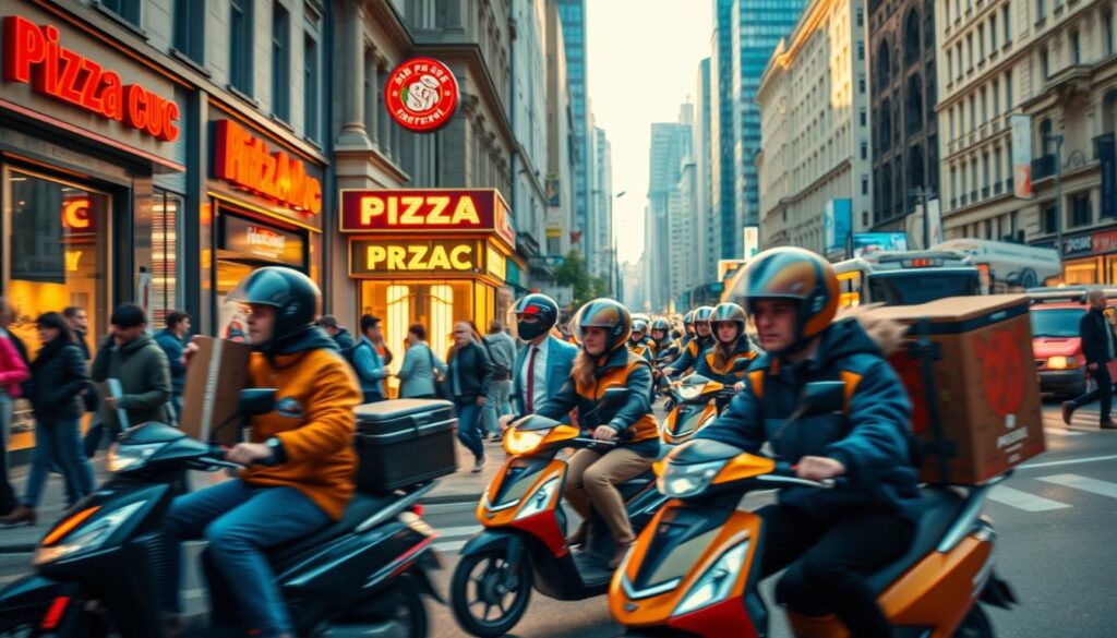 A bustling city street, with a vibrant pizza delivery scene in the foreground. Uniformed delivery riders zoom past on scooters, packages in hand, against a backdrop of busy storefronts and pedestrians. Warm, golden lighting illuminates the scene, creating a lively, dynamic atmosphere. In the middle ground, a pizza shop signage stands out, beckoning customers. The background features a mix of high-rise buildings and busy traffic, suggesting the urban setting of the local pizza delivery market. The overall composition conveys the energy and activity of the pizza delivery industry, capturing the essence of the "Rynek pracy dla dostawców pizzy w Polsce" (Pizza Delivery Job Market in Poland). A bustling city street, with a vibrant pizza delivery scene in the foreground. Uniformed delivery riders zoom past on scooters, packages in hand, against a backdrop of busy storefronts and pedestrians. Warm, golden lighting illuminates the scene, creating a lively, dynamic atmosphere. In the middle ground, a pizza shop signage stands out, beckoning customers. The background features a mix of high-rise buildings and busy traffic, suggesting the urban setting of the local pizza delivery market. The overall composition conveys the energy and activity of the pizza delivery industry, capturing the essence of the "Rynek pracy dla dostawców pizzy w Polsce" (Pizza Delivery Job Market in Poland).
