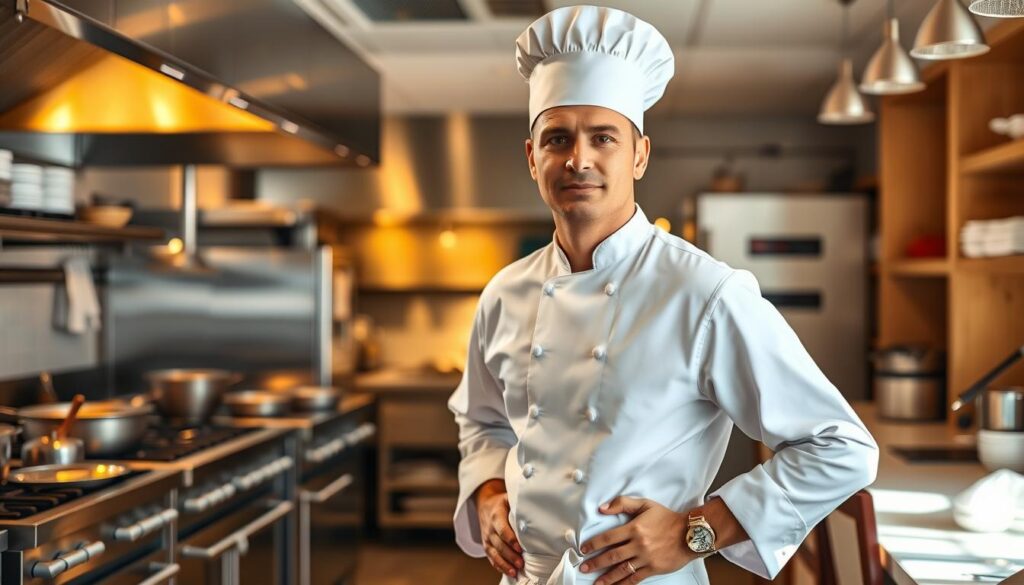 A bustling kitchen interior in Poland, with a skilled chef at the forefront, wearing a crisp white uniform and toque. The chef stands confidently, hands on hips, surrounded by a well-equipped commercial kitchen. The background features a mix of stainless steel appliances, prep stations, and a glimpse of the dining area beyond. Warm, natural lighting illuminates the scene, casting a cozy, professional atmosphere. The overall composition captures the hard work, expertise, and pride of a Polish chef, reflecting the median wages and regional variations in their earning potential. A bustling kitchen interior in Poland, with a skilled chef at the forefront, wearing a crisp white uniform and toque. The chef stands confidently, hands on hips, surrounded by a well-equipped commercial kitchen. The background features a mix of stainless steel appliances, prep stations, and a glimpse of the dining area beyond. Warm, natural lighting illuminates the scene, casting a cozy, professional atmosphere. The overall composition captures the hard work, expertise, and pride of a Polish chef, reflecting the median wages and regional variations in their earning potential.