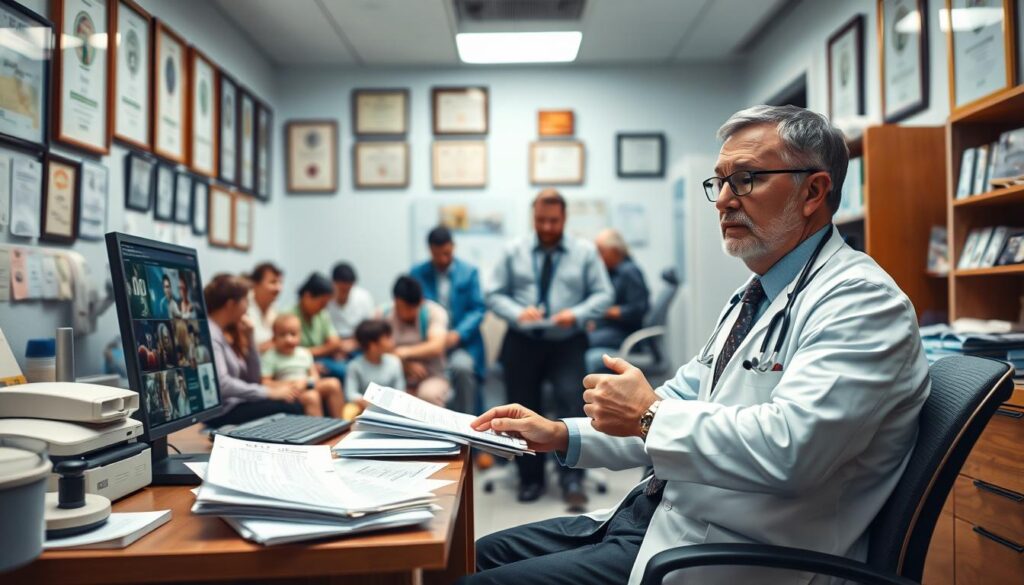 A bustling medical office, its walls adorned with diplomas and certificates. In the foreground, a family physician sits at their desk, engrossed in paperwork and financial ledgers, their expression thoughtful as they consider the factors that influence their earnings. The middle ground reveals a diverse array of patients, from young children to elderly individuals, each seeking the expertise of the dedicated family doctor. The background showcases the modern medical technology and equipment that enable the physician to provide comprehensive care. Soft, diffused lighting casts a professional, yet welcoming atmosphere, conveying the importance of the family physician's role in the community. A bustling medical office, its walls adorned with diplomas and certificates. In the foreground, a family physician sits at their desk, engrossed in paperwork and financial ledgers, their expression thoughtful as they consider the factors that influence their earnings. The middle ground reveals a diverse array of patients, from young children to elderly individuals, each seeking the expertise of the dedicated family doctor. The background showcases the modern medical technology and equipment that enable the physician to provide comprehensive care. Soft, diffused lighting casts a professional, yet welcoming atmosphere, conveying the importance of the family physician's role in the community.