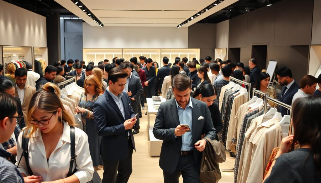 A bustling showroom filled with customers browsing through a collection of contemporary fashion designs. The foreground showcases a group of well-dressed individuals examining the latest styles, their expressions a mix of curiosity and discernment. The middle ground features neatly arranged displays highlighting the brand's signature looks, illuminated by soft, natural lighting that casts a warm, inviting glow. In the background, a sleek, minimalist decor serves as a backdrop, emphasizing the high-quality craftsmanship and attention to detail that define the brand's identity. The overall atmosphere conveys a sense of sophistication, exclusivity, and a keen understanding of the target audience's preferences and aspirations. A bustling showroom filled with customers browsing through a collection of contemporary fashion designs. The foreground showcases a group of well-dressed individuals examining the latest styles, their expressions a mix of curiosity and discernment. The middle ground features neatly arranged displays highlighting the brand's signature looks, illuminated by soft, natural lighting that casts a warm, inviting glow. In the background, a sleek, minimalist decor serves as a backdrop, emphasizing the high-quality craftsmanship and attention to detail that define the brand's identity. The overall atmosphere conveys a sense of sophistication, exclusivity, and a keen understanding of the target audience's preferences and aspirations.