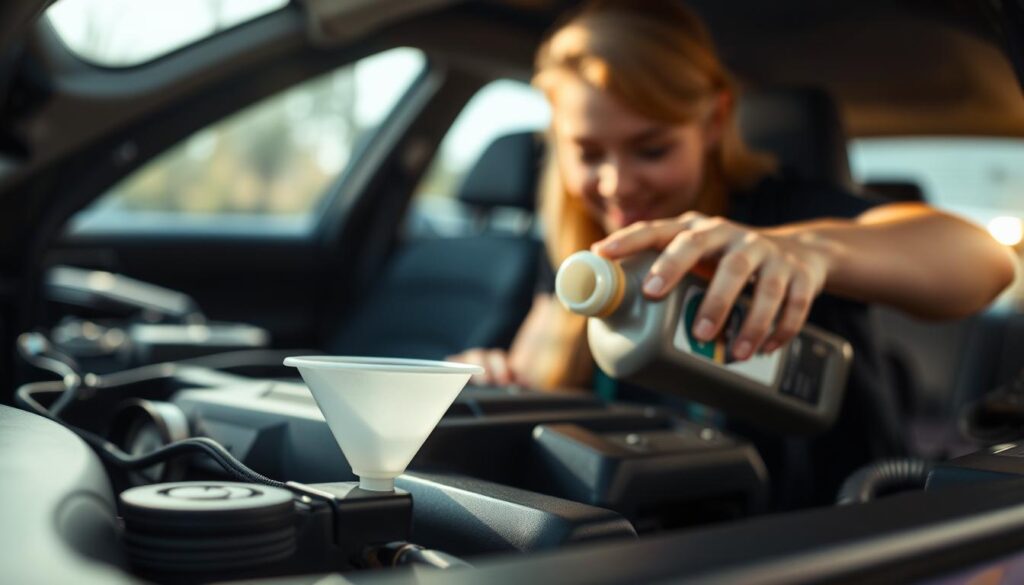 A car engine bay with a small plastic funnel and a bottle of engine oil in the foreground, illuminated by warm, natural lighting from an overhead window. In the middle ground, a person's hands carefully pouring the oil into the funnel, with a look of focused concentration on their face. The background is blurred, with hints of the interior of the car visible, creating a sense of a private, intimate moment during an emergency roadside repair. A car engine bay with a small plastic funnel and a bottle of engine oil in the foreground, illuminated by warm, natural lighting from an overhead window. In the middle ground, a person's hands carefully pouring the oil into the funnel, with a look of focused concentration on their face. The background is blurred, with hints of the interior of the car visible, creating a sense of a private, intimate moment during an emergency roadside repair.