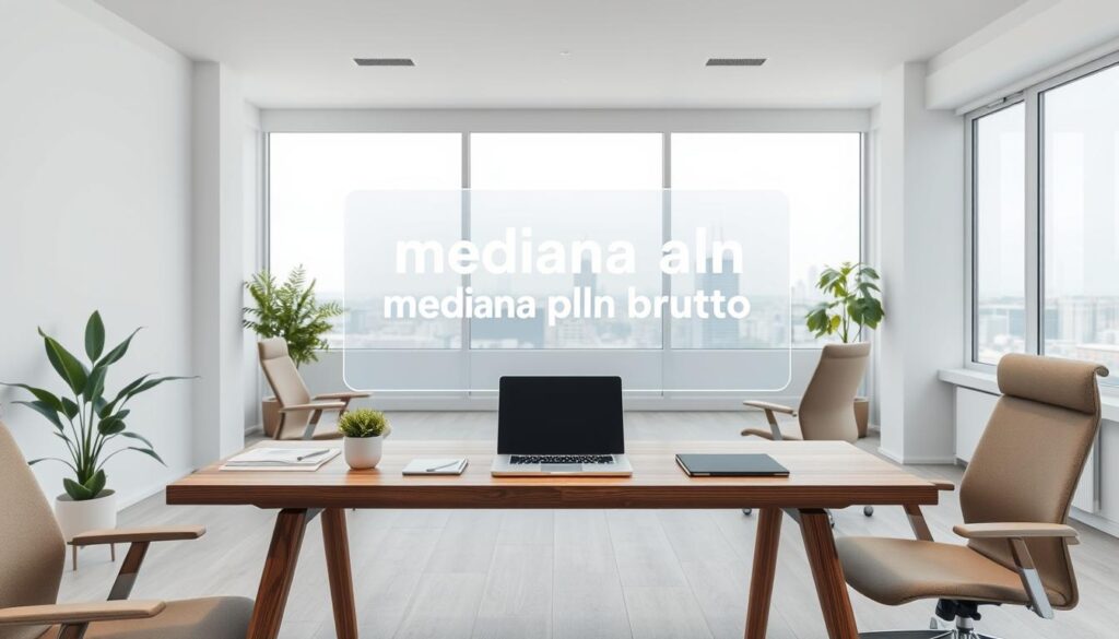 A clean, minimalist interior design scene showcasing a modern, white-walled office space. In the foreground, a wooden desk with a laptop, stationery, and a potted plant. On the desk, a holographic display projects the text "mediana pln brutto" in a sleek, futuristic interface. The middle ground features ergonomic office chairs in neutral tones, arranged around the desk. The background depicts floor-to-ceiling windows overlooking a cityscape, with soft, diffused natural lighting filtering in. The overall mood is one of professionalism, efficiency, and technological innovation, reflecting the subject of an interior designer's salary in Poland. A clean, minimalist interior design scene showcasing a modern, white-walled office space. In the foreground, a wooden desk with a laptop, stationery, and a potted plant. On the desk, a holographic display projects the text "mediana pln brutto" in a sleek, futuristic interface. The middle ground features ergonomic office chairs in neutral tones, arranged around the desk. The background depicts floor-to-ceiling windows overlooking a cityscape, with soft, diffused natural lighting filtering in. The overall mood is one of professionalism, efficiency, and technological innovation, reflecting the subject of an interior designer's salary in Poland.