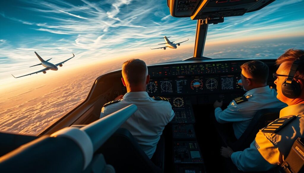 A cockpit filled with advanced avionics, pilots in crisp uniforms scrutinizing flight data and navigation controls. Outside, a vast sky with wispy clouds, the horizon stretching endlessly. In the foreground, a sleek commercial airliner takes flight, its powerful engines propelling it towards new destinations. The scene conveys the dynamic, high-stakes world of professional pilots, their skills and mobility enabling them to navigate the skies with precision and adaptability. Warm, directional lighting illuminates the hardworking cockpit crew, their faces reflecting the concentration and pride of their craft. This comprehensive image captures the essence of the pilots' versatile careers and their potential for the highest earning potential in the aviation industry. A cockpit filled with advanced avionics, pilots in crisp uniforms scrutinizing flight data and navigation controls. Outside, a vast sky with wispy clouds, the horizon stretching endlessly. In the foreground, a sleek commercial airliner takes flight, its powerful engines propelling it towards new destinations. The scene conveys the dynamic, high-stakes world of professional pilots, their skills and mobility enabling them to navigate the skies with precision and adaptability. Warm, directional lighting illuminates the hardworking cockpit crew, their faces reflecting the concentration and pride of their craft. This comprehensive image captures the essence of the pilots' versatile careers and their potential for the highest earning potential in the aviation industry.