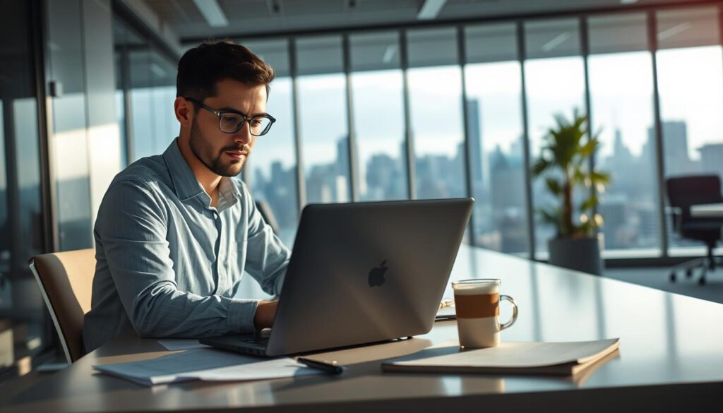 A contemporary office interior with a desk featuring a laptop, documents, and a cup of coffee. In the foreground, a focused and professional-looking data analyst is working diligently, their face illuminated by the soft, directional lighting. The middle ground showcases the analyst's workspace, with a sleek, minimal design that emphasizes efficiency and productivity. The background features a panoramic city view, hinting at the analyst's role in a thriving urban environment. The scene conveys a sense of focus, industry, and the value of the analyst's specialized skills and expertise. A contemporary office interior with a desk featuring a laptop, documents, and a cup of coffee. In the foreground, a focused and professional-looking data analyst is working diligently, their face illuminated by the soft, directional lighting. The middle ground showcases the analyst's workspace, with a sleek, minimal design that emphasizes efficiency and productivity. The background features a panoramic city view, hinting at the analyst's role in a thriving urban environment. The scene conveys a sense of focus, industry, and the value of the analyst's specialized skills and expertise.
