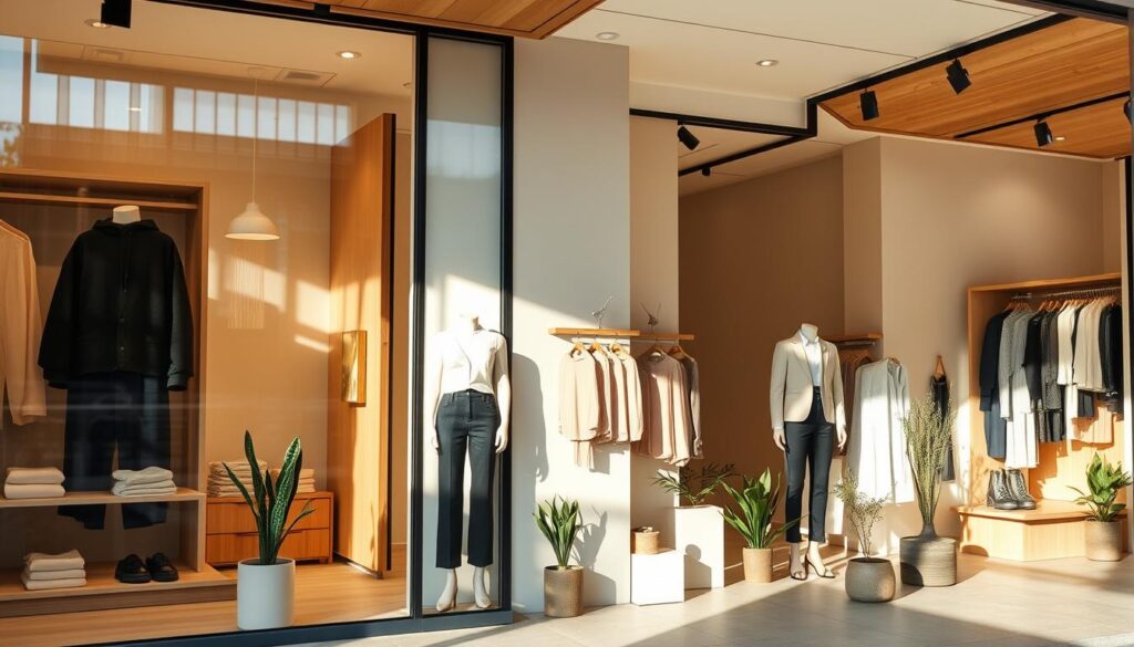 A cozy, Scandinavian-inspired fashion store, with a clean, minimalist aesthetic. The storefront features large windows showcasing the latest collections, bathed in warm, natural lighting. Inside, wooden fixtures and neutral-toned displays create a serene, inviting atmosphere. Mannequins dressed in sleek, modern apparel stand against a backdrop of soft, muted colors, hinting at the brand's Nordic roots. Potted plants and subtle, Scandi-inspired decor elements add touches of nature, reflecting the brand's connection to its Scandinavian heritage. The overall scene conveys a sense of refined simplicity, quality, and timeless style - the hallmarks of the Bik Bok brand. A cozy, Scandinavian-inspired fashion store, with a clean, minimalist aesthetic. The storefront features large windows showcasing the latest collections, bathed in warm, natural lighting. Inside, wooden fixtures and neutral-toned displays create a serene, inviting atmosphere. Mannequins dressed in sleek, modern apparel stand against a backdrop of soft, muted colors, hinting at the brand's Nordic roots. Potted plants and subtle, Scandi-inspired decor elements add touches of nature, reflecting the brand's connection to its Scandinavian heritage. The overall scene conveys a sense of refined simplicity, quality, and timeless style - the hallmarks of the Bik Bok brand.