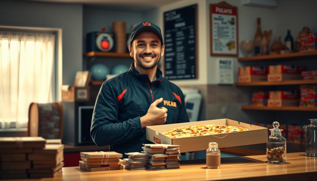 A cozy kitchen interior with a delivery driver standing behind a counter, holding a pizza box and smiling. The countertop is adorned with stacks of cash and a small tip jar, symbolizing the impact of tips on a driver's earnings. Warm, ambient lighting casts a soft glow, creating a welcoming atmosphere. The background features shelves of pizza boxes and a wall-mounted menu, further establishing the setting. The driver's uniform and the overall scene convey the daily reality of a pizza delivery professional in Poland. A cozy kitchen interior with a delivery driver standing behind a counter, holding a pizza box and smiling. The countertop is adorned with stacks of cash and a small tip jar, symbolizing the impact of tips on a driver's earnings. Warm, ambient lighting casts a soft glow, creating a welcoming atmosphere. The background features shelves of pizza boxes and a wall-mounted menu, further establishing the setting. The driver's uniform and the overall scene convey the daily reality of a pizza delivery professional in Poland.