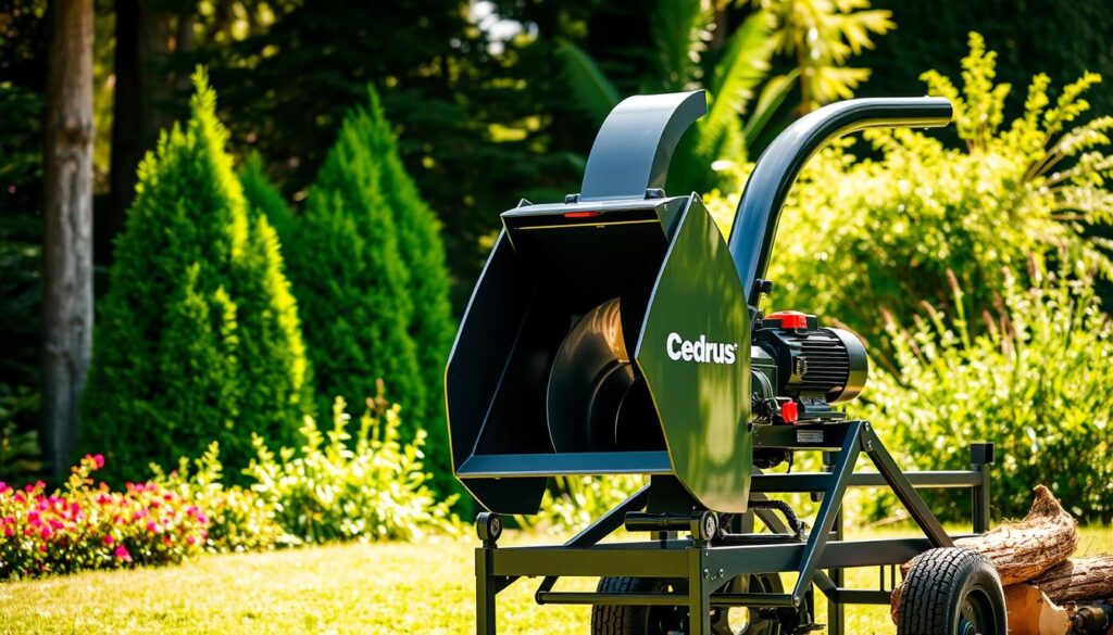 A detailed and expansive woodchipper from the Cedrus brand, set against a bright, verdant garden landscape. The machine is prominently featured, with a sturdy metal frame, sharp blades, and a powerful motor visible. The background is filled with lush foliage, including tall trees and vibrant shrubs, conveying a sense of efficiency and productivity within a natural setting. Soft, diffused lighting creates a sense of warmth and clarity, highlighting the sleek, modern design of the woodchipper. The overall composition emphasizes the device's power, reliability, and seamless integration into the outdoor environment. A detailed and expansive woodchipper from the Cedrus brand, set against a bright, verdant garden landscape. The machine is prominently featured, with a sturdy metal frame, sharp blades, and a powerful motor visible. The background is filled with lush foliage, including tall trees and vibrant shrubs, conveying a sense of efficiency and productivity within a natural setting. Soft, diffused lighting creates a sense of warmth and clarity, highlighting the sleek, modern design of the woodchipper. The overall composition emphasizes the device's power, reliability, and seamless integration into the outdoor environment.