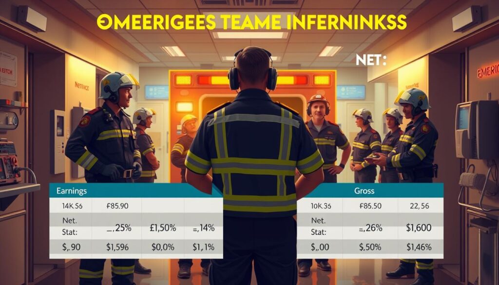 A detailed and realistic illustration of a medical emergency response team's gross and net earnings. Set in a modern hospital or emergency services facility, with a focus on the financial breakdown and compensation structure for emergency medical responders. Utilize a warm, professional lighting scheme to highlight the informative nature of the scene. Depict emergency personnel in their uniforms, surrounded by relevant medical equipment and technology. The composition should balance informative details with an empathetic portrayal of the essential work carried out by these vital public servants. A detailed and realistic illustration of a medical emergency response team's gross and net earnings. Set in a modern hospital or emergency services facility, with a focus on the financial breakdown and compensation structure for emergency medical responders. Utilize a warm, professional lighting scheme to highlight the informative nature of the scene. Depict emergency personnel in their uniforms, surrounded by relevant medical equipment and technology. The composition should balance informative details with an empathetic portrayal of the essential work carried out by these vital public servants.