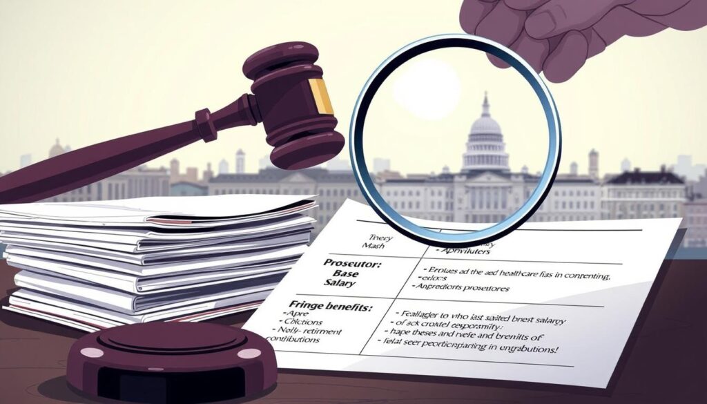 A detailed illustration depicting the various components of a prosecutor's compensation package. In the foreground, a stack of legal documents and a gavel symbolize the prosecutor's professional responsibilities. In the middle ground, a magnifying glass hovers over a breakdown of the prosecutor's base salary, bonuses, and fringe benefits such as healthcare and retirement contributions. In the background, a cityscape with government buildings suggests the institutional context. The lighting is crisp and the perspective slightly elevated, conveying a sense of authority and precision. The overall mood is one of careful analysis and transparency around the remunerative aspects of the prosecutor's role. A detailed illustration depicting the various components of a prosecutor's compensation package. In the foreground, a stack of legal documents and a gavel symbolize the prosecutor's professional responsibilities. In the middle ground, a magnifying glass hovers over a breakdown of the prosecutor's base salary, bonuses, and fringe benefits such as healthcare and retirement contributions. In the background, a cityscape with government buildings suggests the institutional context. The lighting is crisp and the perspective slightly elevated, conveying a sense of authority and precision. The overall mood is one of careful analysis and transparency around the remunerative aspects of the prosecutor's role.