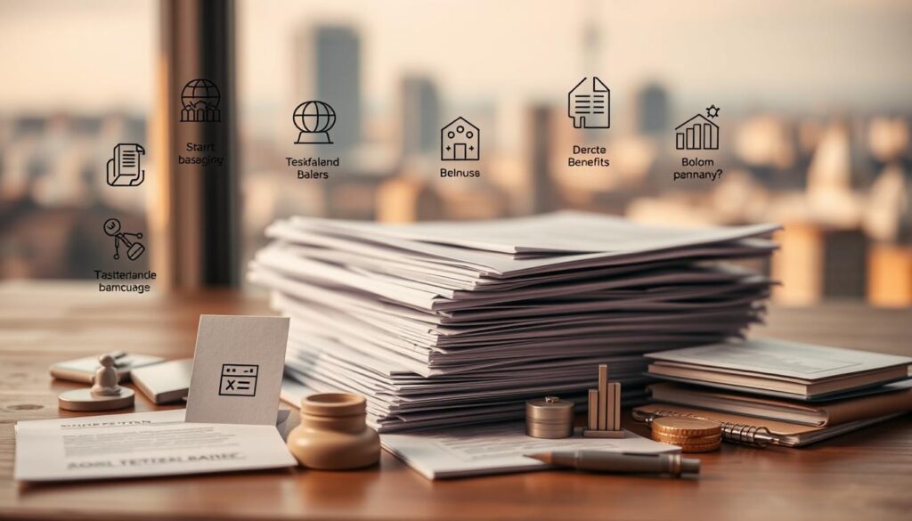 A detailed, professional composition showcasing the key elements of a Polish teacher's diploma-level salary. In the foreground, various icons and graphics representing the different salary components such as base pay, bonuses, and benefits. In the middle ground, a stack of official-looking documents and forms, hinting at the administrative and legal aspects. In the background, a soft, blurred cityscape to suggest the broader societal and economic context. Warm, muted tones create a sense of seriousness and stability. Subtle lighting from the upper left casts subtle shadows, adding depth and dimension. The overall mood is one of careful consideration of a teacher's compensation package. A detailed, professional composition showcasing the key elements of a Polish teacher's diploma-level salary. In the foreground, various icons and graphics representing the different salary components such as base pay, bonuses, and benefits. In the middle ground, a stack of official-looking documents and forms, hinting at the administrative and legal aspects. In the background, a soft, blurred cityscape to suggest the broader societal and economic context. Warm, muted tones create a sense of seriousness and stability. Subtle lighting from the upper left casts subtle shadows, adding depth and dimension. The overall mood is one of careful consideration of a teacher's compensation package.