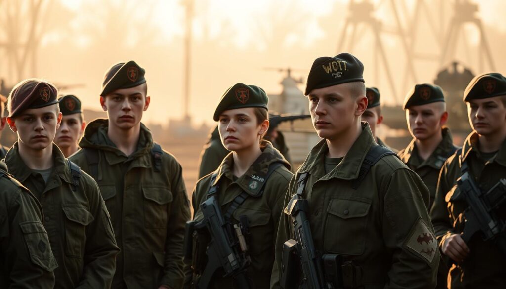 A detailed scene depicting the close-knit relationship between the Territorial Defense Forces (WOT) and voluntary military service. In the foreground, a group of earnest young recruits in fatigues stand at attention, their expressions resolute. In the middle ground, seasoned WOT officers provide hands-on training, guiding the new recruits through tactical exercises. The background features the silhouettes of military vehicles and equipment, casting a sense of discipline and preparedness. Warm, golden lighting illuminates the scene, conveying a tone of camaraderie and purpose. The composition emphasizes the collaborative nature of these complementary military services, preparing the next generation of defenders for Poland. A detailed scene depicting the close-knit relationship between the Territorial Defense Forces (WOT) and voluntary military service. In the foreground, a group of earnest young recruits in fatigues stand at attention, their expressions resolute. In the middle ground, seasoned WOT officers provide hands-on training, guiding the new recruits through tactical exercises. The background features the silhouettes of military vehicles and equipment, casting a sense of discipline and preparedness. Warm, golden lighting illuminates the scene, conveying a tone of camaraderie and purpose. The composition emphasizes the collaborative nature of these complementary military services, preparing the next generation of defenders for Poland.