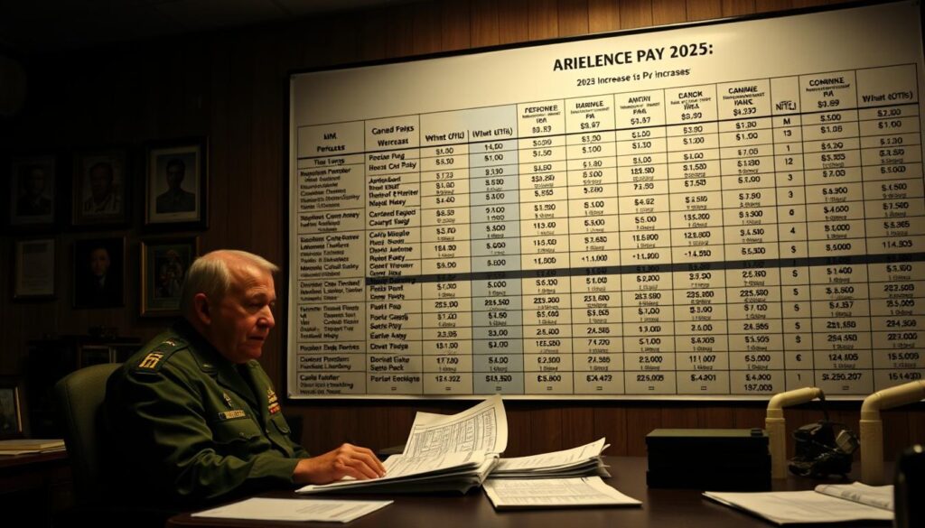 A dimly lit military office, with a wooden desk and a row of framed military commendations on the wall. In the foreground, a uniformed senior officer sits at the desk, poring over documents and spreadsheets, a thoughtful expression on their face. The mid-ground features a large wall-mounted display, showcasing various personnel ranks and their corresponding pay scales, highlighting the 2025 increases. The background is softly blurred, suggesting the broader context of the military hierarchy and bureaucracy. The lighting is warm and subdued, creating a contemplative atmosphere, as the officer considers the implications of the upcoming pay adjustments. A dimly lit military office, with a wooden desk and a row of framed military commendations on the wall. In the foreground, a uniformed senior officer sits at the desk, poring over documents and spreadsheets, a thoughtful expression on their face. The mid-ground features a large wall-mounted display, showcasing various personnel ranks and their corresponding pay scales, highlighting the 2025 increases. The background is softly blurred, suggesting the broader context of the military hierarchy and bureaucracy. The lighting is warm and subdued, creating a contemplative atmosphere, as the officer considers the implications of the upcoming pay adjustments.