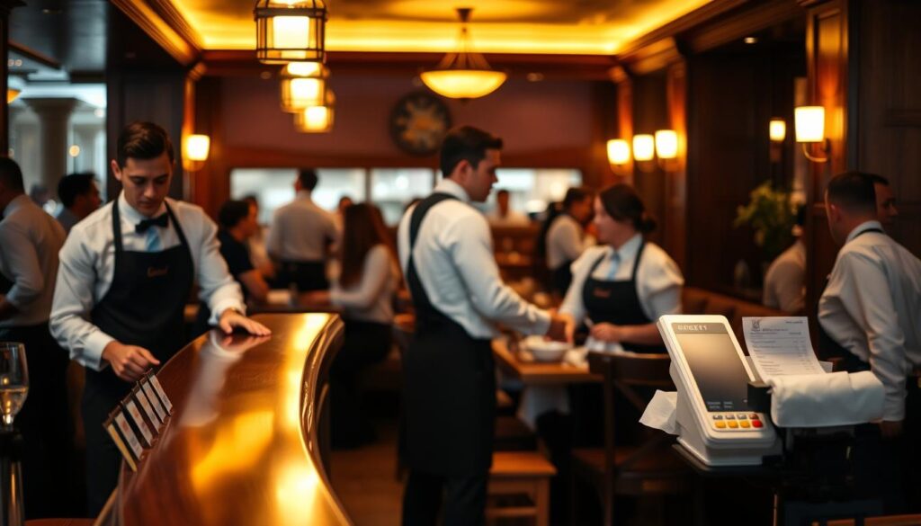 A dimly lit restaurant interior, with a polished wooden bar in the foreground and waiters in crisp white shirts and black aprons moving gracefully between tables. In the middle ground, a cash register and order tickets hint at the financial aspects of the waiters' work. The background is softly blurred, suggesting the bustling activity of the restaurant. Warm, golden lighting casts a cozy glow, creating an atmosphere of hospitality and professionalism. The scene conveys the multifaceted nature of a waiter's job, from customer service to the practical considerations of their compensation. A dimly lit restaurant interior, with a polished wooden bar in the foreground and waiters in crisp white shirts and black aprons moving gracefully between tables. In the middle ground, a cash register and order tickets hint at the financial aspects of the waiters' work. The background is softly blurred, suggesting the bustling activity of the restaurant. Warm, golden lighting casts a cozy glow, creating an atmosphere of hospitality and professionalism. The scene conveys the multifaceted nature of a waiter's job, from customer service to the practical considerations of their compensation.