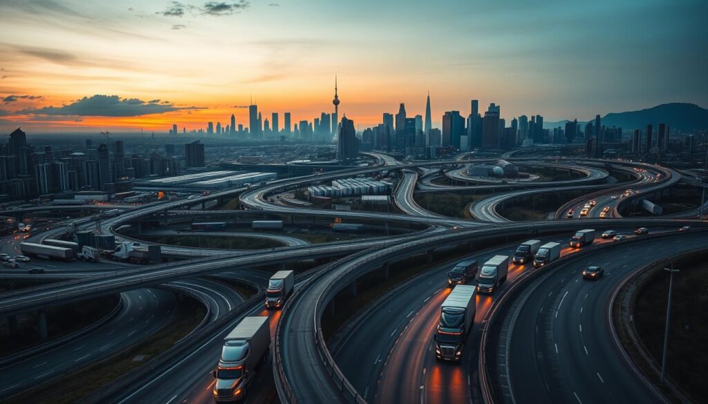 A dynamic city landscape at dusk, with a prominent highway interchange in the foreground. In the middle ground, a fleet of semi-trucks and cargo trailers are navigating the winding roads, their headlights illuminating the scene. In the background, a sprawling skyline of modern skyscrapers and infrastructure. The lighting is dramatic, with a warm, golden glow from the setting sun casting long shadows across the scene. The overall atmosphere conveys the bustling activity and economic importance of the transportation industry. The composition emphasizes the scale and complexity of the factors influencing a truck driver's wages, from local infrastructure to global economic trends. A dynamic city landscape at dusk, with a prominent highway interchange in the foreground. In the middle ground, a fleet of semi-trucks and cargo trailers are navigating the winding roads, their headlights illuminating the scene. In the background, a sprawling skyline of modern skyscrapers and infrastructure. The lighting is dramatic, with a warm, golden glow from the setting sun casting long shadows across the scene. The overall atmosphere conveys the bustling activity and economic importance of the transportation industry. The composition emphasizes the scale and complexity of the factors influencing a truck driver's wages, from local infrastructure to global economic trends.