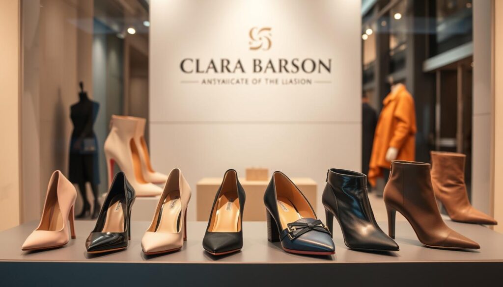 A fashionable display of Clara Barson's latest collections, showcasing her signature style. In the foreground, a meticulously curated array of her most popular shoe designs, from sleek stilettos to trendy ankle boots, all expertly crafted with an eye for detail. The middle ground features a stylish backdrop, perhaps a modern minimalist interior or a chic urban setting, allowing the footwear to take center stage. In the background, a subtle hint of the brand's aesthetic, perhaps through a tasteful logo or subtle branding elements, creating a cohesive and visually appealing composition. The lighting is soft and warm, casting a inviting glow and emphasizing the quality and craftsmanship of the products. The overall mood is one of sophistication, style, and a touch of elegance, perfectly capturing the essence of the Clara Barson brand. A fashionable display of Clara Barson's latest collections, showcasing her signature style. In the foreground, a meticulously curated array of her most popular shoe designs, from sleek stilettos to trendy ankle boots, all expertly crafted with an eye for detail. The middle ground features a stylish backdrop, perhaps a modern minimalist interior or a chic urban setting, allowing the footwear to take center stage. In the background, a subtle hint of the brand's aesthetic, perhaps through a tasteful logo or subtle branding elements, creating a cohesive and visually appealing composition. The lighting is soft and warm, casting a inviting glow and emphasizing the quality and craftsmanship of the products. The overall mood is one of sophistication, style, and a touch of elegance, perfectly capturing the essence of the Clara Barson brand.