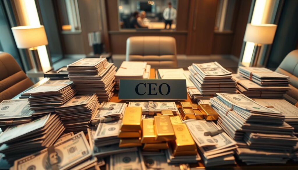 A high-angle close-up shot of a desk cluttered with stacks of money, gold bars, and financial documents, illuminated by a warm, ambient light. In the center, a polished nameplate reads "CEO" against a backdrop of sleek, contemporary office decor. The scene conveys a sense of wealth, power, and the lavish compensation enjoyed by top banking executives. A high-angle close-up shot of a desk cluttered with stacks of money, gold bars, and financial documents, illuminated by a warm, ambient light. In the center, a polished nameplate reads "CEO" against a backdrop of sleek, contemporary office decor. The scene conveys a sense of wealth, power, and the lavish compensation enjoyed by top banking executives.