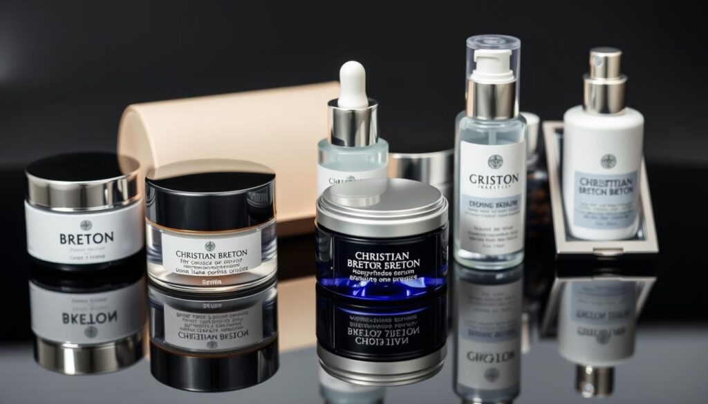 A high-quality close-up photograph of a selection of Christian Breton skincare and cosmetic products, including a bottle of serum, a jar of moisturizer, and an eyeshadow palette, all arranged on a sleek, reflective black surface. The lighting is soft and directional, creating depth and highlighting the textures and packaging details. The composition is balanced and visually appealing, showcasing the products in an elegant, sophisticated manner that reflects the brand's premium positioning. The overall mood is one of luxury, sophistication, and attention to detail. A high-quality close-up photograph of a selection of Christian Breton skincare and cosmetic products, including a bottle of serum, a jar of moisturizer, and an eyeshadow palette, all arranged on a sleek, reflective black surface. The lighting is soft and directional, creating depth and highlighting the textures and packaging details. The composition is balanced and visually appealing, showcasing the products in an elegant, sophisticated manner that reflects the brand's premium positioning. The overall mood is one of luxury, sophistication, and attention to detail.