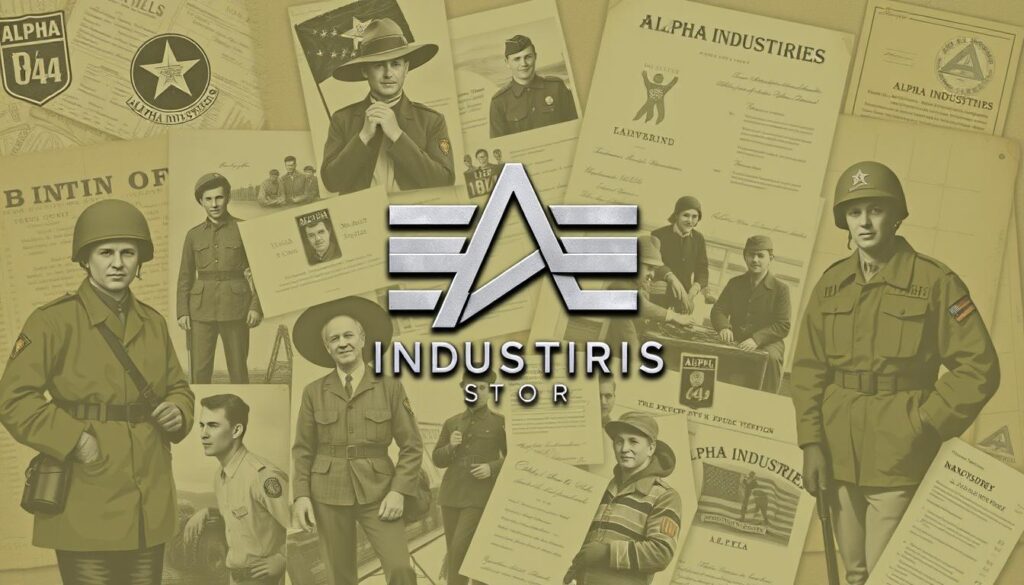 A high-quality, detailed illustration depicting the history and origins of the Alpha Industries brand. The foreground features the iconic Alpha Industries logo, rendered in a bold, metallic finish, against a backdrop of vintage military-inspired imagery. In the middle ground, a collage of archival photographs and historical documents showcases the brand's humble beginnings as a military supplier, transitioning into a renowned outerwear and streetwear label. The background incorporates a muted color palette of olive greens, khakis, and navy blues, evoking the brand's heritage and rugged aesthetic. The overall composition conveys a sense of timelessness, craftsmanship, and the enduring legacy of the Alpha Industries brand. A high-quality, detailed illustration depicting the history and origins of the Alpha Industries brand. The foreground features the iconic Alpha Industries logo, rendered in a bold, metallic finish, against a backdrop of vintage military-inspired imagery. In the middle ground, a collage of archival photographs and historical documents showcases the brand's humble beginnings as a military supplier, transitioning into a renowned outerwear and streetwear label. The background incorporates a muted color palette of olive greens, khakis, and navy blues, evoking the brand's heritage and rugged aesthetic. The overall composition conveys a sense of timelessness, craftsmanship, and the enduring legacy of the Alpha Industries brand.