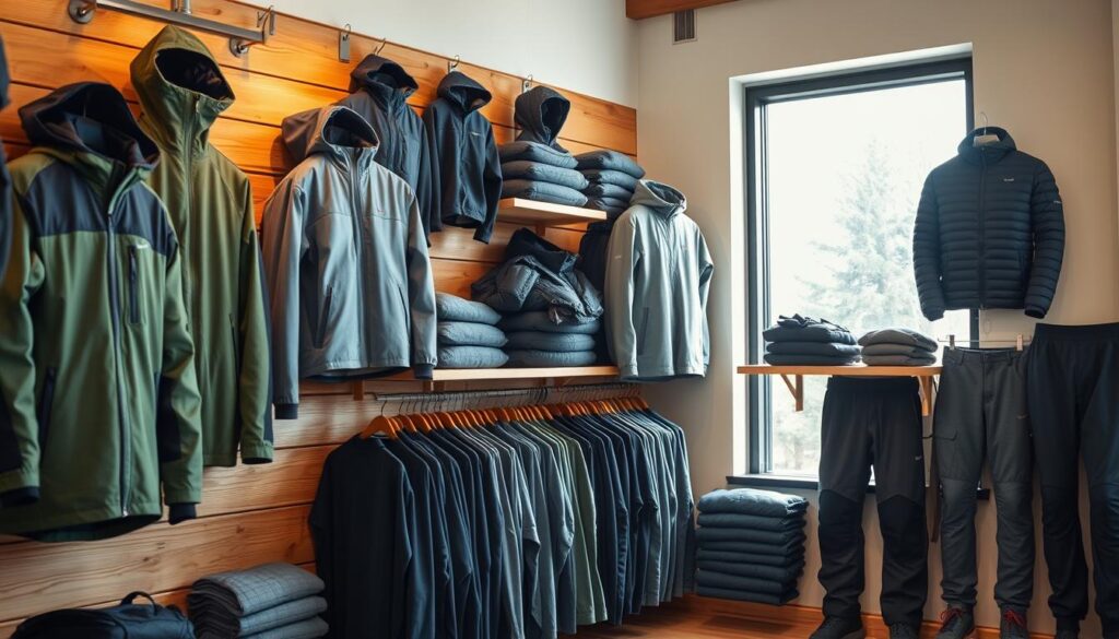 A high-quality outdoor sports apparel display featuring an array of technical jackets, insulated hoodies, moisture-wicking base layers, and durable hiking pants. The items are arranged neatly on wooden shelves, with a focus on Alpine Pro's signature color palette of muted greens, grays, and blues. Soft, natural lighting filters in from a large window, casting a warm, inviting glow on the fabrics. The overall atmosphere conveys a sense of adventure, functionality, and modern, minimalist style suited for the active outdoor enthusiast. A high-quality outdoor sports apparel display featuring an array of technical jackets, insulated hoodies, moisture-wicking base layers, and durable hiking pants. The items are arranged neatly on wooden shelves, with a focus on Alpine Pro's signature color palette of muted greens, grays, and blues. Soft, natural lighting filters in from a large window, casting a warm, inviting glow on the fabrics. The overall atmosphere conveys a sense of adventure, functionality, and modern, minimalist style suited for the active outdoor enthusiast.