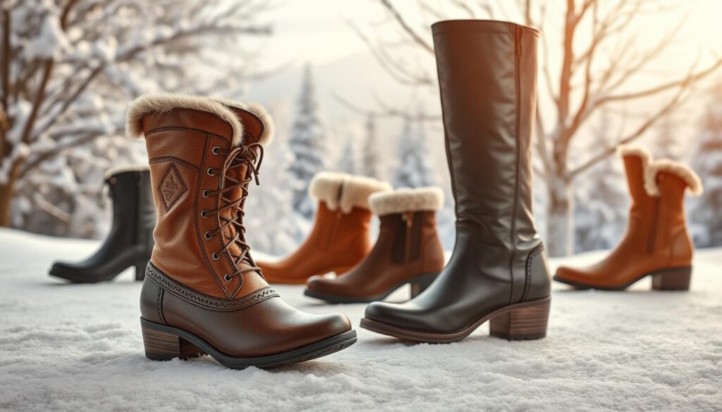 A high-resolution image of a stylish winter boot collection from the Caprice brand. The foreground features a pair of well-crafted leather boots with intricate detailing and a sleek, modern silhouette. In the middle ground, additional Caprice boots in various colors and designs are artfully arranged, showcasing the diversity of the brand's women's winter footwear offerings. The background depicts a cozy, snow-covered winter landscape, creating a serene and inviting atmosphere. The lighting is soft and warm, highlighting the quality and craftsmanship of the Caprice boots. The overall composition and styling convey a sense of sophistication, practicality, and wintertime elegance. A high-resolution image of a stylish winter boot collection from the Caprice brand. The foreground features a pair of well-crafted leather boots with intricate detailing and a sleek, modern silhouette. In the middle ground, additional Caprice boots in various colors and designs are artfully arranged, showcasing the diversity of the brand's women's winter footwear offerings. The background depicts a cozy, snow-covered winter landscape, creating a serene and inviting atmosphere. The lighting is soft and warm, highlighting the quality and craftsmanship of the Caprice boots. The overall composition and styling convey a sense of sophistication, practicality, and wintertime elegance.
