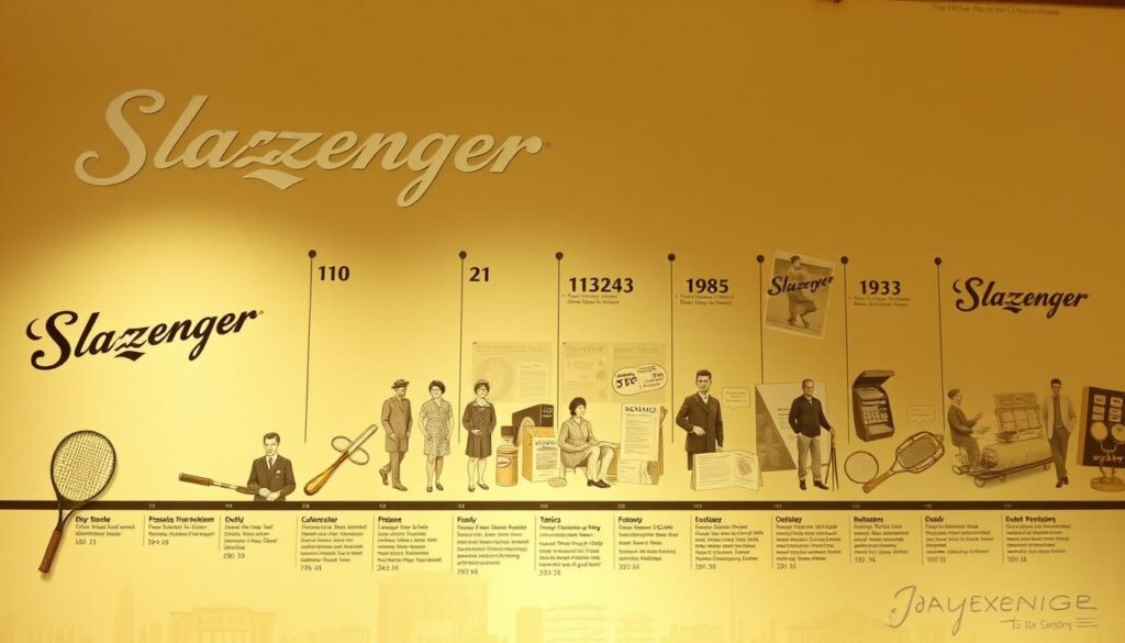 A historical timeline depicting the evolution of the Slazenger brand, captured in a sepia-toned, vintage-inspired illustration. The foreground showcases the iconic Slazenger logo and key product innovations over the decades, including tennis rackets, sportswear, and golf equipment. The middle ground features a collage of archival photographs and documents, highlighting the company's origins, notable milestones, and partnerships. The background paints a canvas of the changing eras, with subtle visual cues representing the brand's enduring legacy and adaptability across the 20th century. Soft lighting and a warm, nostalgic atmosphere convey the rich heritage and enduring influence of the Slazenger name in the world of sports and lifestyle. A historical timeline depicting the evolution of the Slazenger brand, captured in a sepia-toned, vintage-inspired illustration. The foreground showcases the iconic Slazenger logo and key product innovations over the decades, including tennis rackets, sportswear, and golf equipment. The middle ground features a collage of archival photographs and documents, highlighting the company's origins, notable milestones, and partnerships. The background paints a canvas of the changing eras, with subtle visual cues representing the brand's enduring legacy and adaptability across the 20th century. Soft lighting and a warm, nostalgic atmosphere convey the rich heritage and enduring influence of the Slazenger name in the world of sports and lifestyle.
