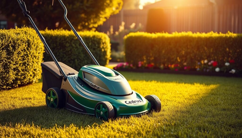 A lush, well-maintained lawn with a Cedrus walk-behind lawn mower prominently displayed in the foreground. The mower is a sleek, modern design with a vibrant green and silver color scheme, gleaming in the warm, golden sunlight. In the middle ground, a neatly trimmed hedge frames the scene, adding depth and texture. The background features a tranquil garden setting, with colorful flowers and a wooden fence, conveying a sense of peaceful, suburban bliss. The image is captured with a shallow depth of field, drawing the viewer's attention to the lawn mower's intricate details and quality craftsmanship. The overall mood is one of pride, comfort, and a well-cared-for outdoor space. A lush, well-maintained lawn with a Cedrus walk-behind lawn mower prominently displayed in the foreground. The mower is a sleek, modern design with a vibrant green and silver color scheme, gleaming in the warm, golden sunlight. In the middle ground, a neatly trimmed hedge frames the scene, adding depth and texture. The background features a tranquil garden setting, with colorful flowers and a wooden fence, conveying a sense of peaceful, suburban bliss. The image is captured with a shallow depth of field, drawing the viewer's attention to the lawn mower's intricate details and quality craftsmanship. The overall mood is one of pride, comfort, and a well-cared-for outdoor space.