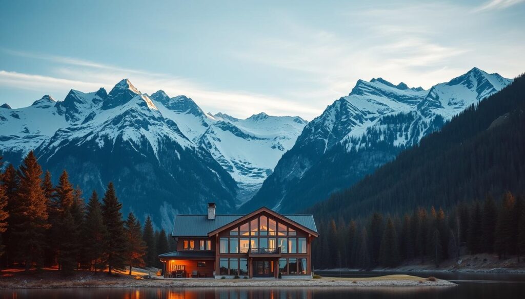 A majestic Alpine landscape with rugged snow-capped peaks, towering pine forests, and a tranquil mountain lake reflecting the azure sky. In the foreground, a contemporary yet functional alpine-style building stands proudly, its wooden facade and large windows seamlessly blending with the natural surroundings. Warm, diffused lighting illuminates the scene, creating a cozy and inviting atmosphere. The composition is balanced, with the building occupying the middle ground, flanked by the towering mountains in the background and the serene lake in the foreground. The overall mood evokes a sense of adventure, discovery, and a deep connection with the natural world. A majestic Alpine landscape with rugged snow-capped peaks, towering pine forests, and a tranquil mountain lake reflecting the azure sky. In the foreground, a contemporary yet functional alpine-style building stands proudly, its wooden facade and large windows seamlessly blending with the natural surroundings. Warm, diffused lighting illuminates the scene, creating a cozy and inviting atmosphere. The composition is balanced, with the building occupying the middle ground, flanked by the towering mountains in the background and the serene lake in the foreground. The overall mood evokes a sense of adventure, discovery, and a deep connection with the natural world.