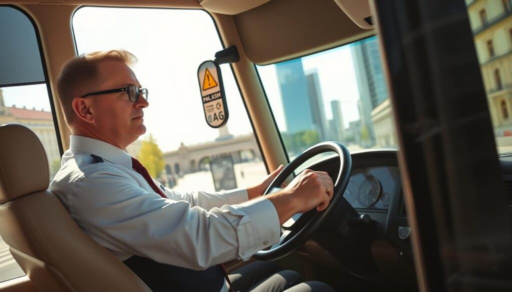 A middle-aged bus driver in a crisp uniform stands confidently behind the wheel of a sleek, modern tour bus, its exterior gleaming under the warm afternoon sun. The driver's gaze is focused, hands gripping the steering wheel with practiced precision, as he navigates the bustling streets of a picturesque European city. In the background, a blend of historic architecture and towering modern buildings creates an atmospheric urban landscape, hinting at the driver's potential to transport passengers across national borders. The scene conveys a sense of professionalism, reliability, and the allure of exploring new destinations, reflecting the opportunity for Polish bus drivers to find lucrative work abroad. A middle-aged bus driver in a crisp uniform stands confidently behind the wheel of a sleek, modern tour bus, its exterior gleaming under the warm afternoon sun. The driver's gaze is focused, hands gripping the steering wheel with practiced precision, as he navigates the bustling streets of a picturesque European city. In the background, a blend of historic architecture and towering modern buildings creates an atmospheric urban landscape, hinting at the driver's potential to transport passengers across national borders. The scene conveys a sense of professionalism, reliability, and the allure of exploring new destinations, reflecting the opportunity for Polish bus drivers to find lucrative work abroad.