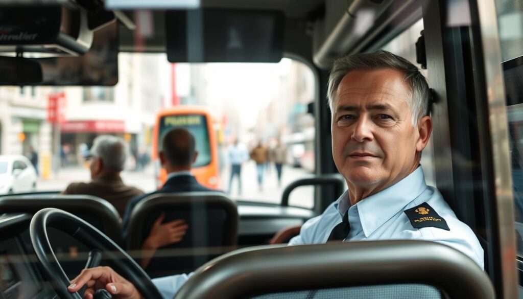 A middle-aged man sits confidently behind the wheel of a city bus, his expression focused and professional. The bus interior is well-lit, with passengers visible in the background. The driver's uniform is neatly pressed, his badge gleaming. Through the windshield, we see the bustling streets of a vibrant urban setting, with pedestrians and other vehicles moving past. The composition emphasizes the importance of the bus driver's role, capturing the sense of responsibility and dedication required for this essential public service occupation. The overall mood is one of reliable, hardworking professionalism. A middle-aged man sits confidently behind the wheel of a city bus, his expression focused and professional. The bus interior is well-lit, with passengers visible in the background. The driver's uniform is neatly pressed, his badge gleaming. Through the windshield, we see the bustling streets of a vibrant urban setting, with pedestrians and other vehicles moving past. The composition emphasizes the importance of the bus driver's role, capturing the sense of responsibility and dedication required for this essential public service occupation. The overall mood is one of reliable, hardworking professionalism.