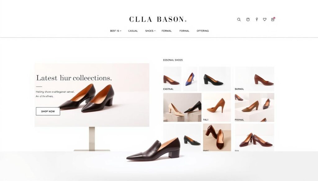 A modern and well-designed online store for Clara Barson's high-quality shoes. The store's homepage features a sleek, minimalist layout with clean lines and a neutral color palette, showcasing the brand's elegant and timeless aesthetic. In the foreground, a prominently displayed carousel highlights the latest shoe collections, each pair shot against a soft, diffused background that emphasizes their craftsmanship and attention to detail. The middle ground showcases the various categories of shoes, such as casual, formal, and seasonal offerings, arranged in a visually appealing grid layout. In the background, subtle patterns or textures create a sense of depth and sophistication, complementing the overall branding and user experience. The lighting is soft and flattering, accentuating the materials and finishes of the shoes. The camera angle is slightly elevated, giving the viewer a comprehensive view of the store's offerings and layout. A modern and well-designed online store for Clara Barson's high-quality shoes. The store's homepage features a sleek, minimalist layout with clean lines and a neutral color palette, showcasing the brand's elegant and timeless aesthetic. In the foreground, a prominently displayed carousel highlights the latest shoe collections, each pair shot against a soft, diffused background that emphasizes their craftsmanship and attention to detail. The middle ground showcases the various categories of shoes, such as casual, formal, and seasonal offerings, arranged in a visually appealing grid layout. In the background, subtle patterns or textures create a sense of depth and sophistication, complementing the overall branding and user experience. The lighting is soft and flattering, accentuating the materials and finishes of the shoes. The camera angle is slightly elevated, giving the viewer a comprehensive view of the store's offerings and layout.