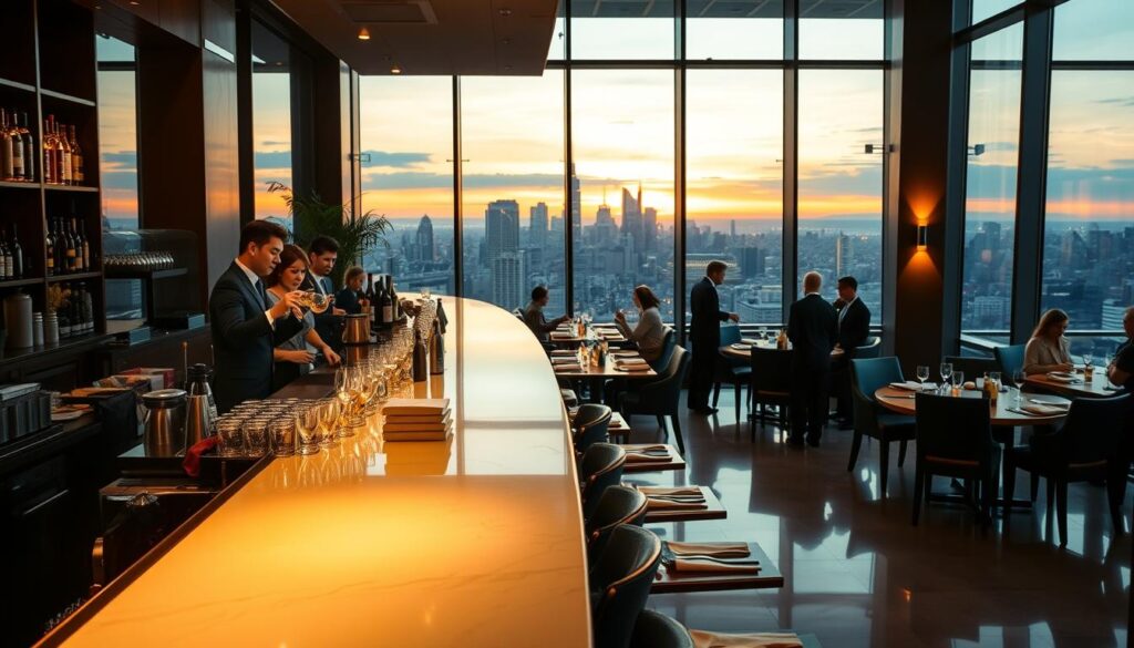 A modern restaurant interior with a well-lit bar counter in the foreground. A group of smartly dressed waiters and waitresses working behind the counter, serving drinks and interacting with customers. The middle ground shows a spacious dining area with neatly set tables and chairs, reflecting an upscale atmosphere. The background features large windows offering a view of a bustling city skyline, bathed in the warm glow of sunset. The lighting is a harmonious blend of task and ambient, creating a welcoming and professional ambiance. The composition emphasizes the efficient and customer-focused operation of the establishment, hinting at the potential earnings of the servers. A modern restaurant interior with a well-lit bar counter in the foreground. A group of smartly dressed waiters and waitresses working behind the counter, serving drinks and interacting with customers. The middle ground shows a spacious dining area with neatly set tables and chairs, reflecting an upscale atmosphere. The background features large windows offering a view of a bustling city skyline, bathed in the warm glow of sunset. The lighting is a harmonious blend of task and ambient, creating a welcoming and professional ambiance. The composition emphasizes the efficient and customer-focused operation of the establishment, hinting at the potential earnings of the servers.
