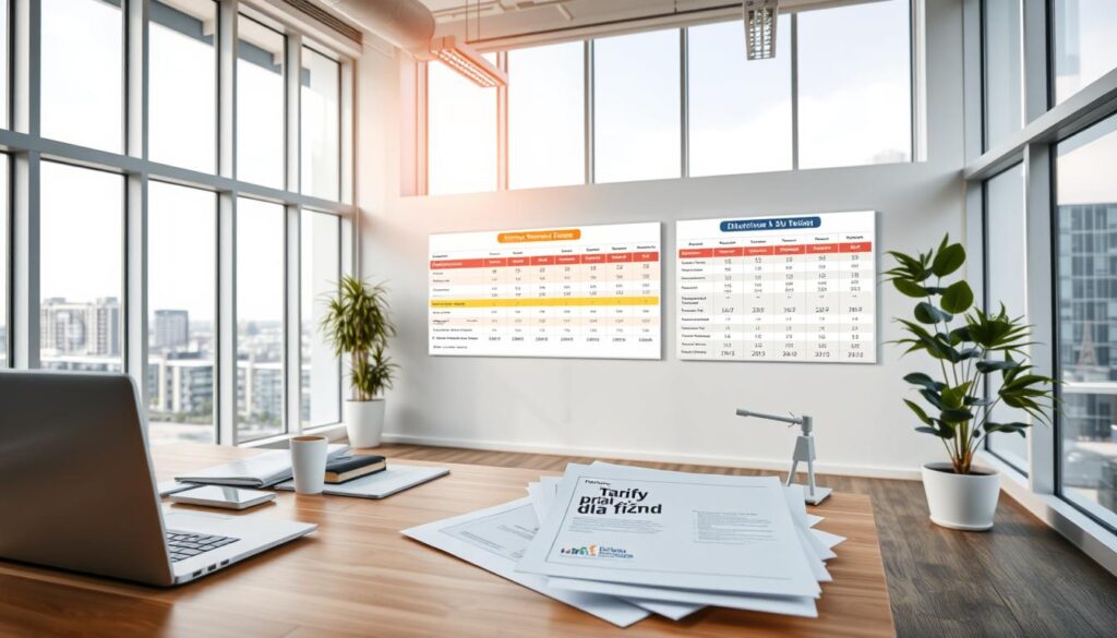 A modern, sleek office interior with high ceilings and large windows flooding the space with natural light. In the foreground, a wooden desk with a laptop, some office supplies, and a potted plant. On the desk, a stack of documents titled "Taryfy prądu dla firm". In the middle ground, a wall-mounted display showing various electricity tariff plans and pricing details. In the background, a cityscape visible through the windows, suggesting the commercial setting. The overall mood is professional, informative, and visually appealing, conveying the technical nature of the subject matter. A modern, sleek office interior with high ceilings and large windows flooding the space with natural light. In the foreground, a wooden desk with a laptop, some office supplies, and a potted plant. On the desk, a stack of documents titled "Taryfy prądu dla firm". In the middle ground, a wall-mounted display showing various electricity tariff plans and pricing details. In the background, a cityscape visible through the windows, suggesting the commercial setting. The overall mood is professional, informative, and visually appealing, conveying the technical nature of the subject matter.