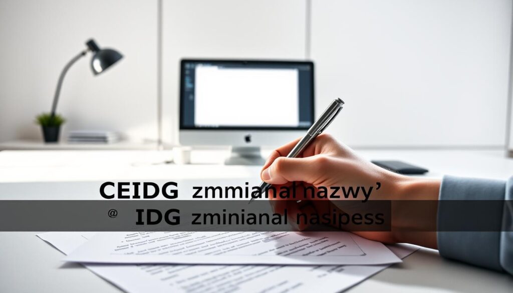 A modern, sleek office setting with a well-lit desk showcasing a desktop computer, notepad, and a pen. In the foreground, a hand is carefully updating official business documents with the text "CEIDG zmiana nazwy" prominently displayed. The background features a minimalist, contemporary design with clean lines and muted colors, creating a professional and focused atmosphere. Soft, directional lighting casts subtle shadows, emphasizing the details of the scene. The overall composition conveys the procedural nature of updating a company's name within the context of a one-person business. A modern, sleek office setting with a well-lit desk showcasing a desktop computer, notepad, and a pen. In the foreground, a hand is carefully updating official business documents with the text "CEIDG zmiana nazwy" prominently displayed. The background features a minimalist, contemporary design with clean lines and muted colors, creating a professional and focused atmosphere. Soft, directional lighting casts subtle shadows, emphasizing the details of the scene. The overall composition conveys the procedural nature of updating a company's name within the context of a one-person business.